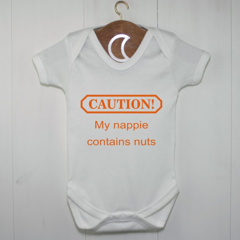 Caution My Nappie Contains Nuts Baby Grow Orange