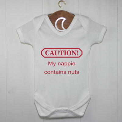 Caution My Nappie Contains Nuts Baby Grow Red | Baby Boy Announcement Gift