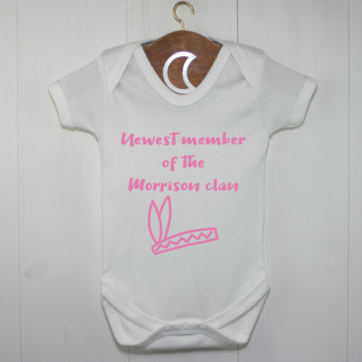 Feathers Newest Member Of The Clan Baby Grow Pink