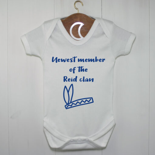 Feathers Newest Member Of The Clan Baby Grow Royal Blue